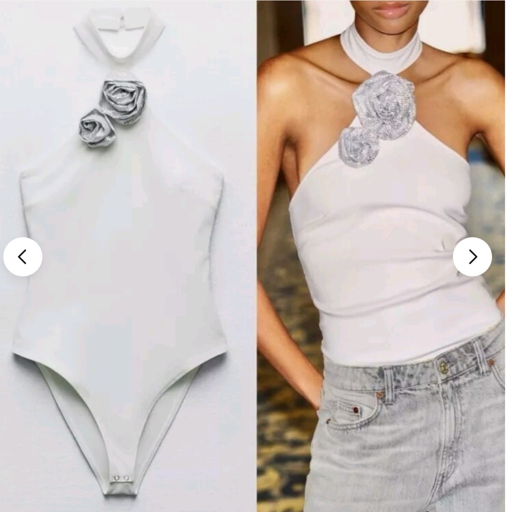 ZARA Floral Jewel Halter Neck Bodysuit Size Large